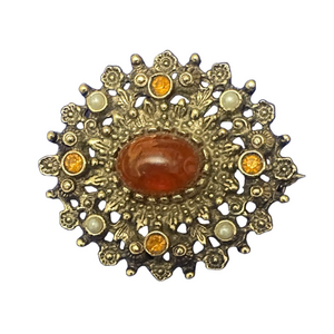 Ornate Vintage Sarah Cov Gold and Orange Floral Brooch